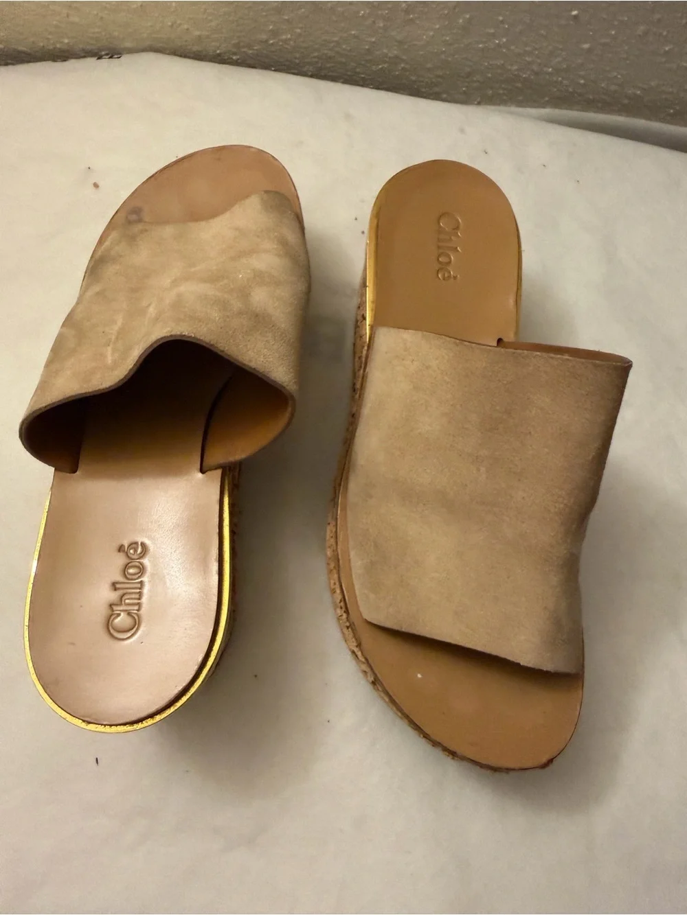 Chloé Taupe Suede Espadrille Slide Sandals, pre-owned, SZ7, gently used
